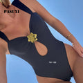 PASUXI Women's One Piece Swimsuit with Floral Metal Detail - Supportive Bathing Suit for Beach Pool - Quick Dry Swimwear
