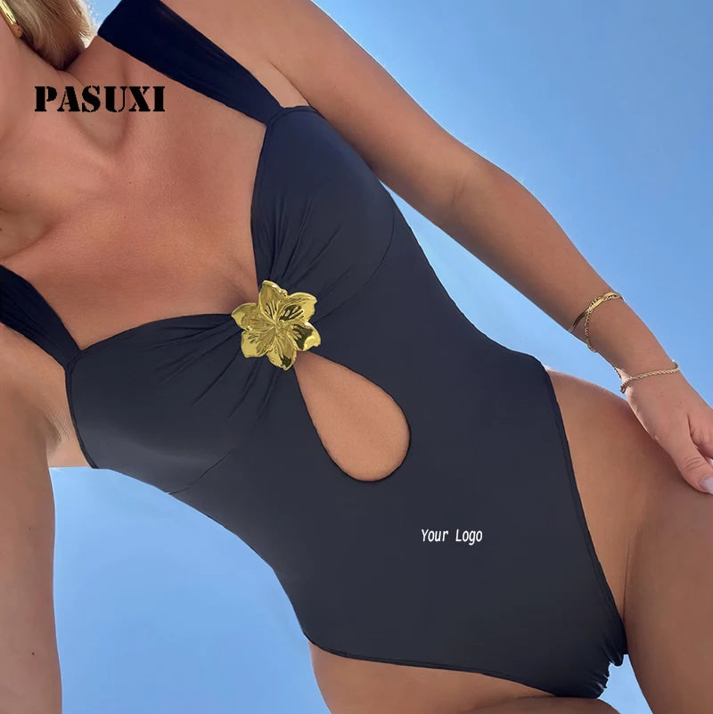 PASUXI Women's One Piece Swimsuit with Floral Metal Detail - Supportive Bathing Suit for Beach Pool - Quick Dry Swimwear