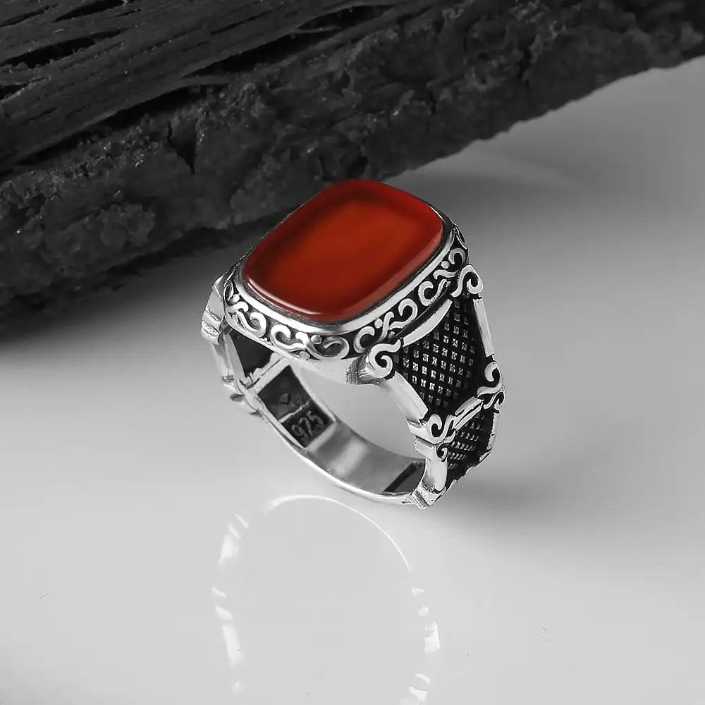 Wholesale Azuris VALKH1119 925 Sterling Silver Ottoman Style Men's Ring Naturel Stone Agate Handmade in Turkey