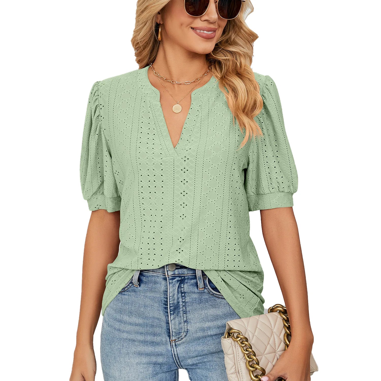 Women's Summer Fashion Casual V-neck Solid Color Hollowed-out Puff Sleeve Loose Women's t Shirts Top Womens Summer Clothing