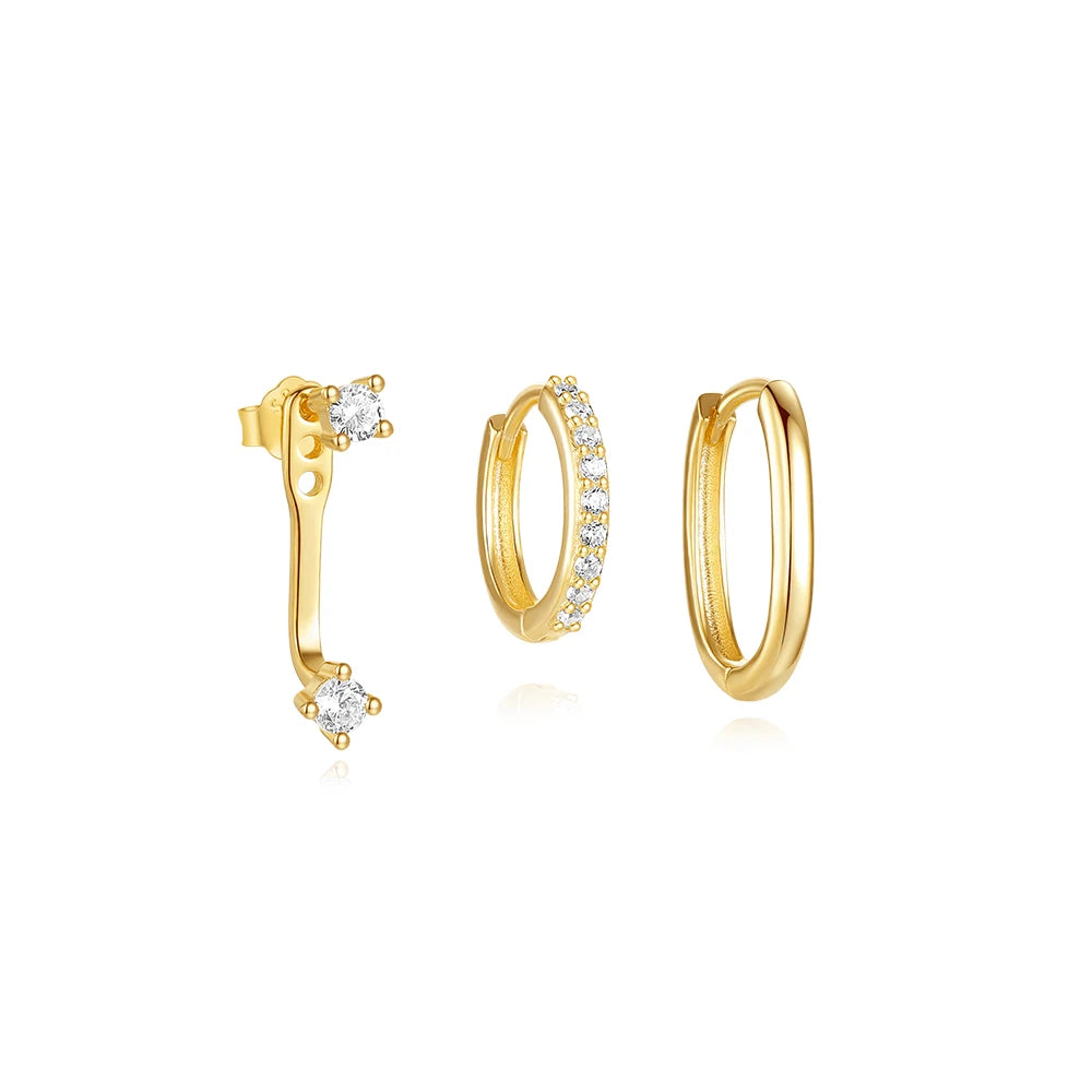 CANNER 3 Pieces Set 925 Sterling Silver Daily Wear Flower Zircon Cross Ear Stud and Hoop Earring