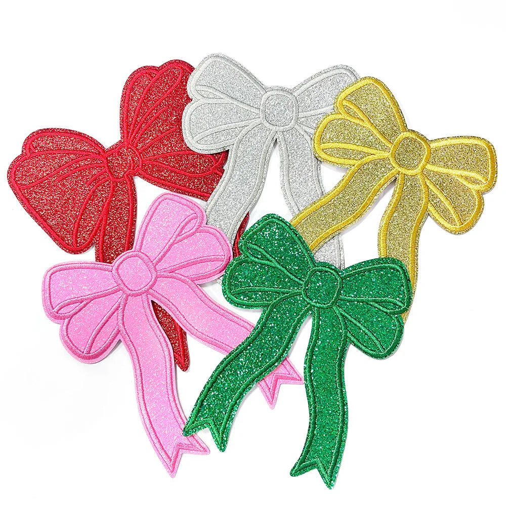 Wholesale Hot Sale Custom Hat Patches Iron on Embroidery Bow Patch Glitter Sequin Patch Bling for Valentines Clothes Patch Decor