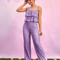 Fashion Solid Color Pleated Suspender Loose Casual Pants Women Set 2 Piece Set