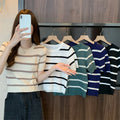 Summer Korean Version of the Striped Sweater for Women Short Sleeves New Round Neck Pullover Slim Short Cute Versatile Top