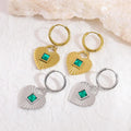 Vintage 18k Gold Plated Stainless Steel Square Green Zircon Love Pendant Earrings Tarnish Free  Hypoallergenic Hoop Earrings