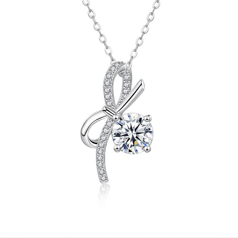 SMT002 925 Sterling Silver Moissanite Bow Pendant Necklace Luxury Female Jewelry Gift with Pass Diamond Women's Neck Chain