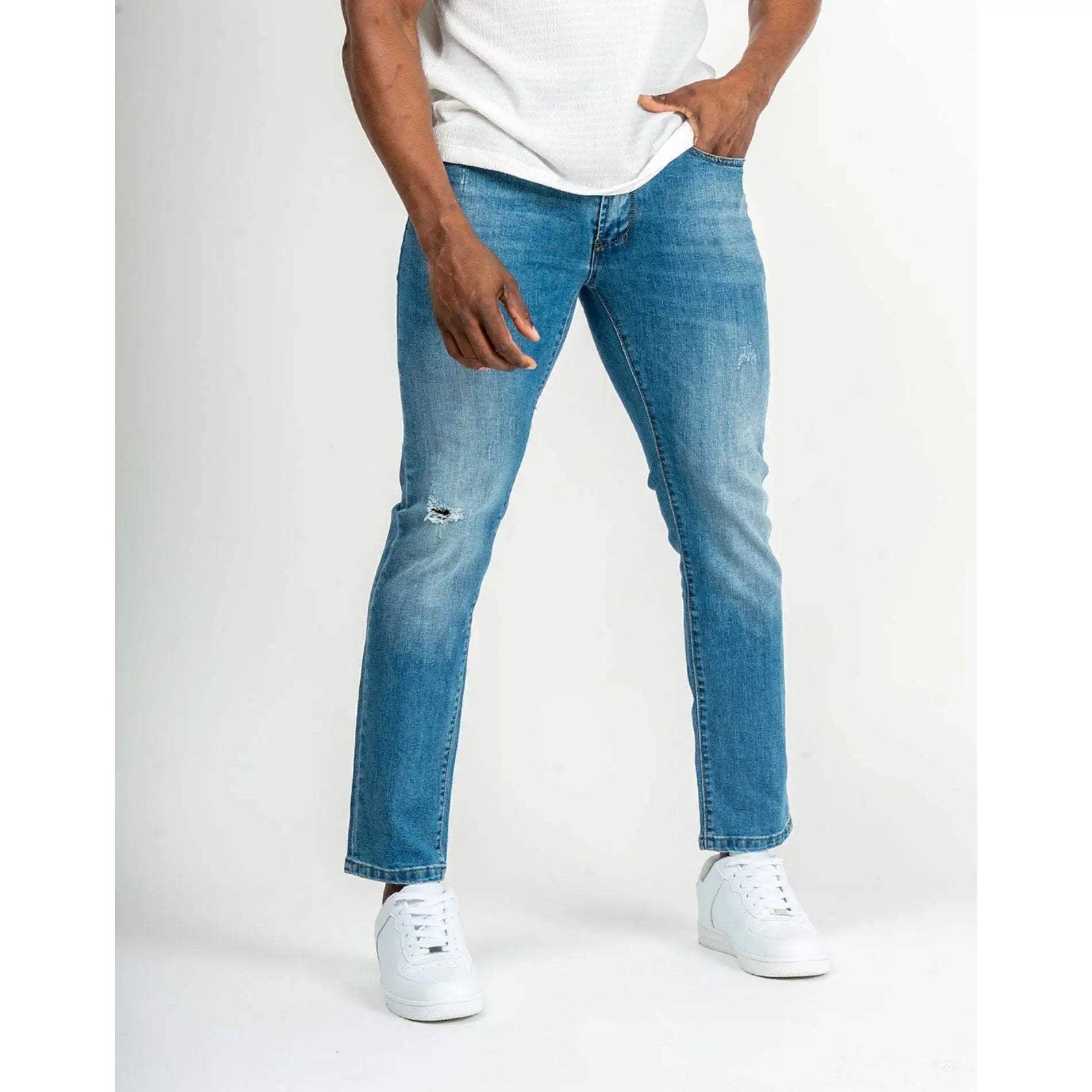 Imperio Shop Men's Denim Blue Straight Casual Mid Waist Medium Wash Long Ripped Jeans Size 38 Breathable Nylon/Cotton Blend