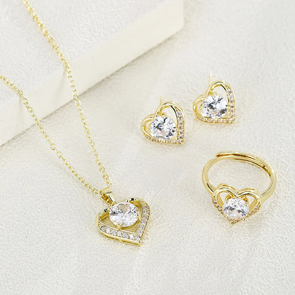 Wholesale Bridal Brass Cubic Zirconia Heart Silver Plated Religious Necklace Earrings Wedding Engagement Crystal Jewelry Set