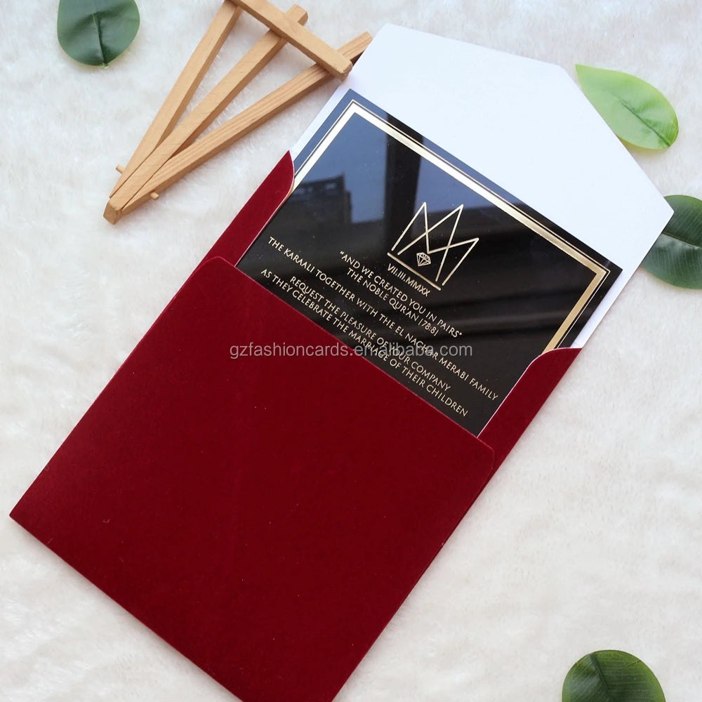 Wedding Suppliers Luxurious Black Acrylic Wedding Invitation with Velvet Envelope Wedding Stationery