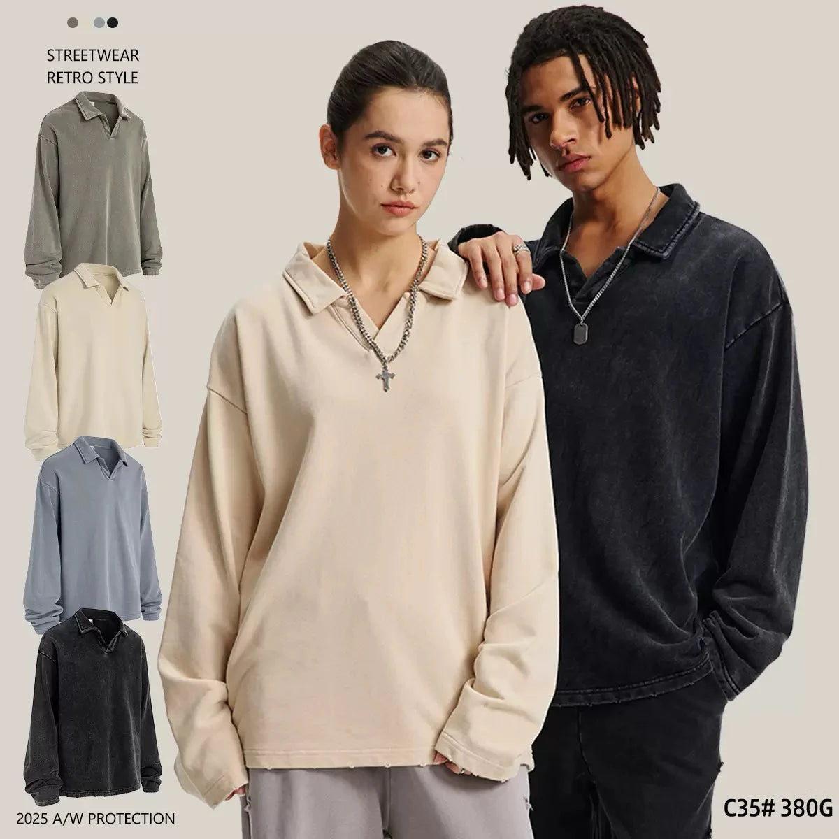 Street Style Hip Hop Solid Blank Long Sleeve Oversized for Men's 100% Cotton for Polo Shirt