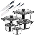 SIP 8-piece cookware set (two saucepans + three pots with glass lids) and 4-piece kitchen knife set: Chef Santoku