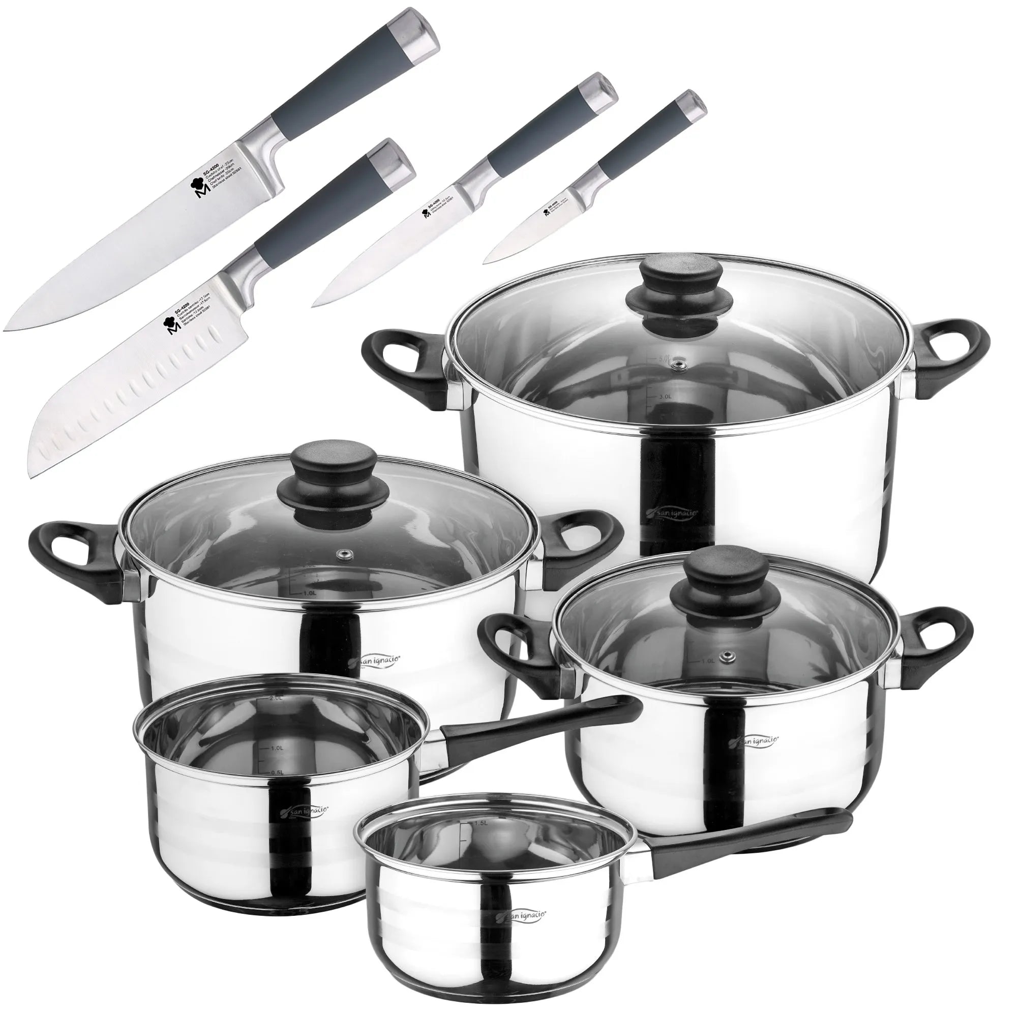 SIP 8-piece cookware set (two saucepans + three pots with glass lids) and 4-piece kitchen knife set: Chef Santoku
