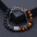 Natural Blue Tiger Eye Gemstone Fashion Handmade Jewelry Natural Stone Men Beaded Bracelet Stainless Steel Cuban Chain Bracelet