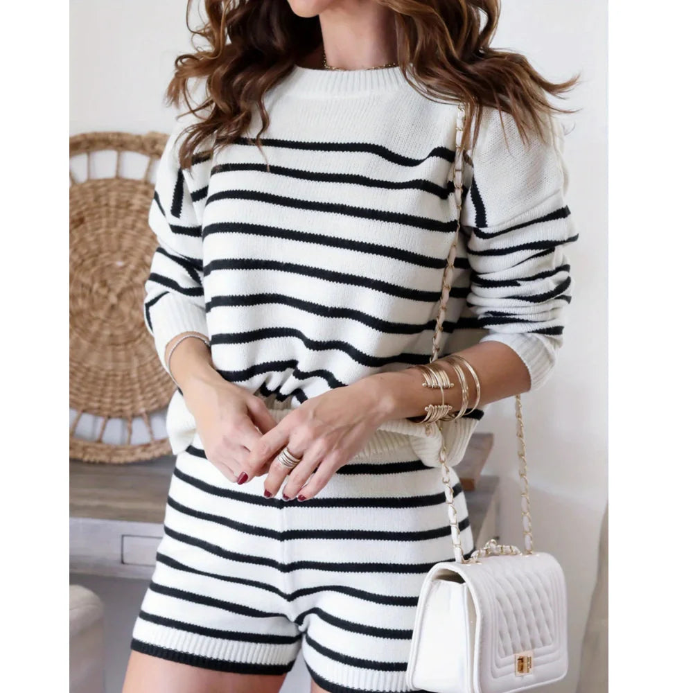 Fashionable Striped Autumn Women's Sweater From China Manufacturer Lay Shoulder Casual Knitwear Front Logo Sweater Set