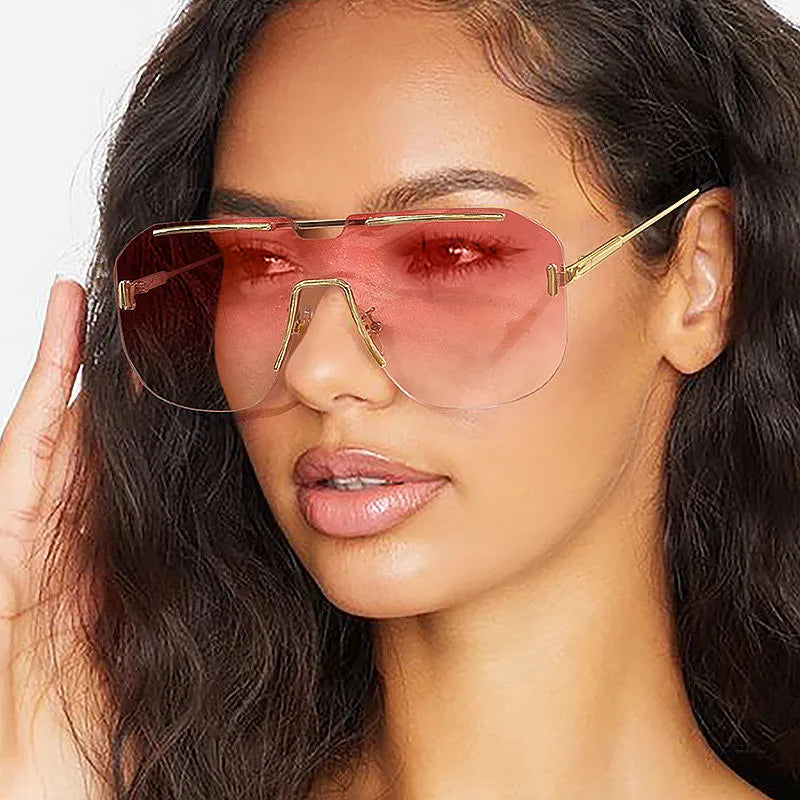 Logo Custom 2025 Fashion Vintage Alloy Rimless Big Frame Sunglasses UV400 Gradient Square Sun Glasses for Women