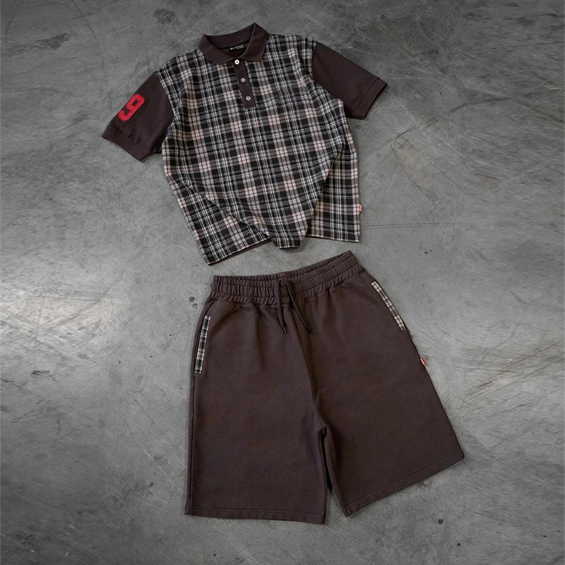 Custom Vintage Single Breasted Button Casual Hombre Plaid Shirt and 100% Cotton Casual Short Set High Quality Summer Leisure Set