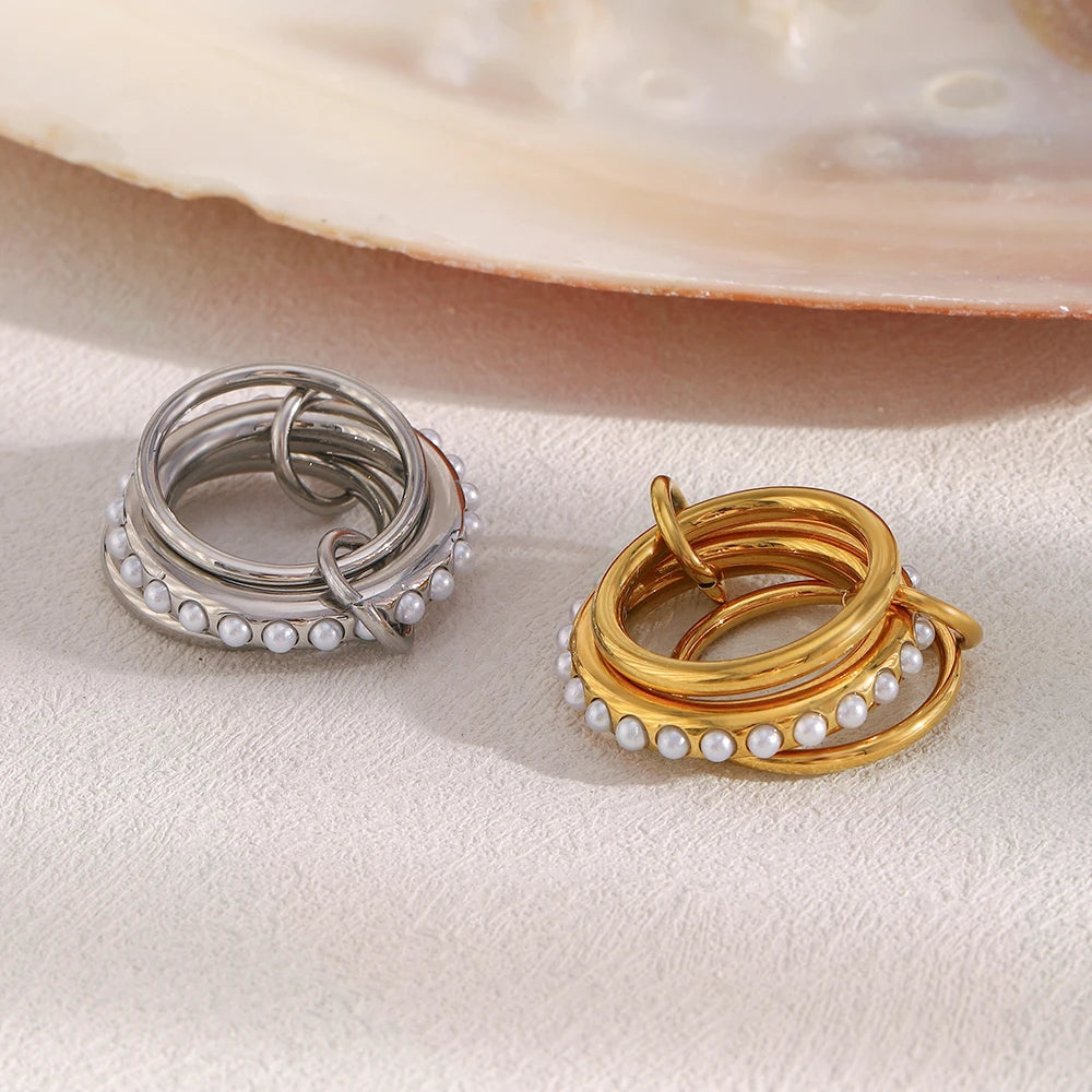 Dreamshow Multi-layered Imitation Pearl Stacking Ring Set Fashion Gold Plated Stainless Steel Jewelry