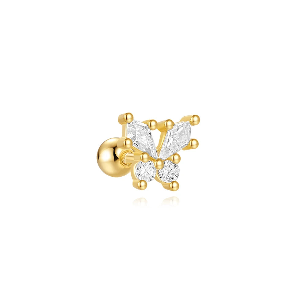 S925 Sterling Silver Single Gold Plated White Zircon Flower Stud Earrings
