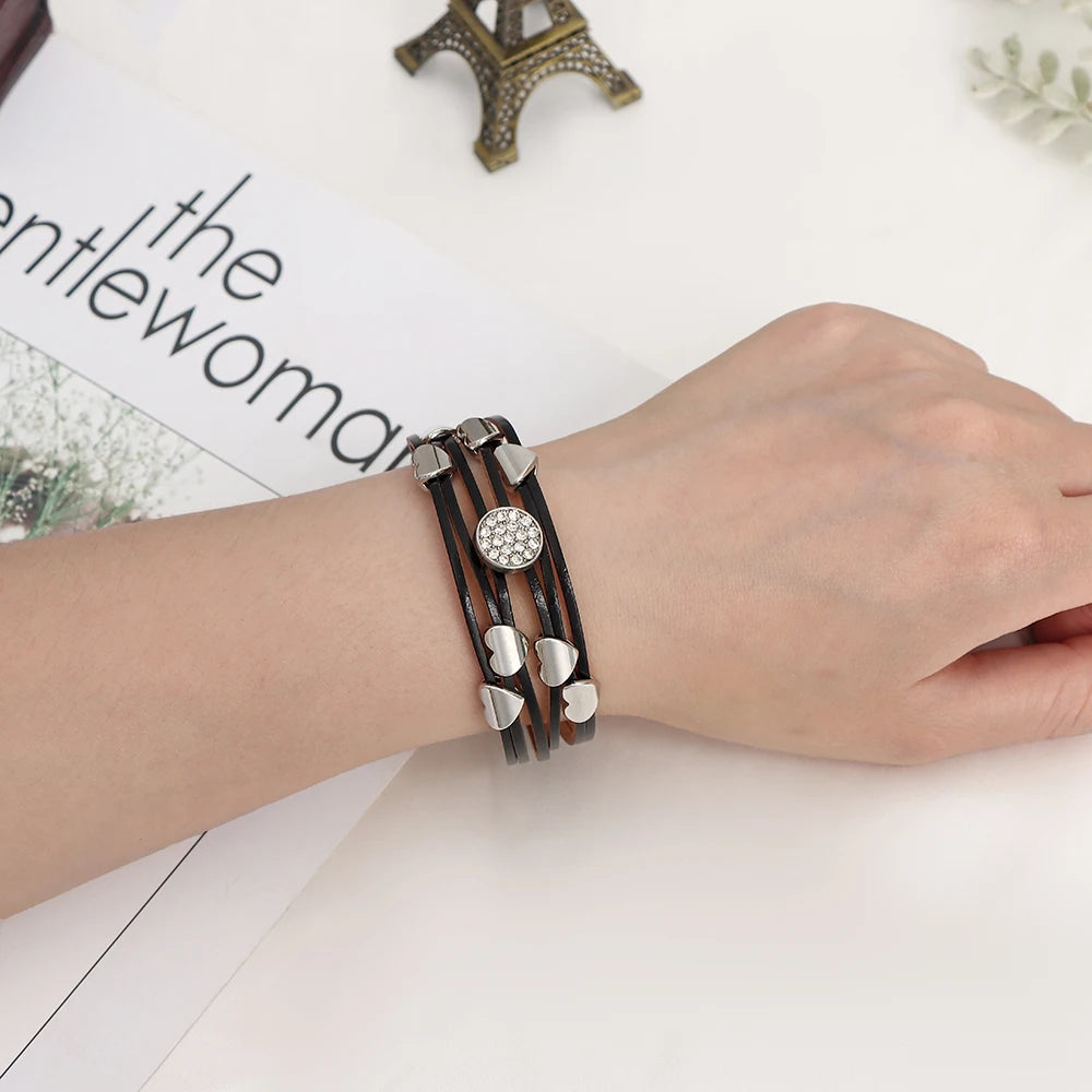 New Heart Bracelet for Women Multi-Layer PU Leather Magnetic Clasp Bracelet Fashion Jewelry in Stock Wholesale