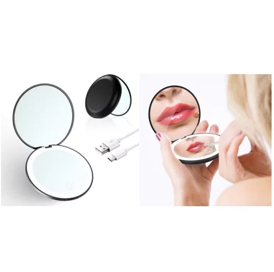 Hot Selling Cosmetic Makeup Electric Compact Mirror USB Travel Pocket Rechargeable Mirror 1x/10x Magnification Wholesale