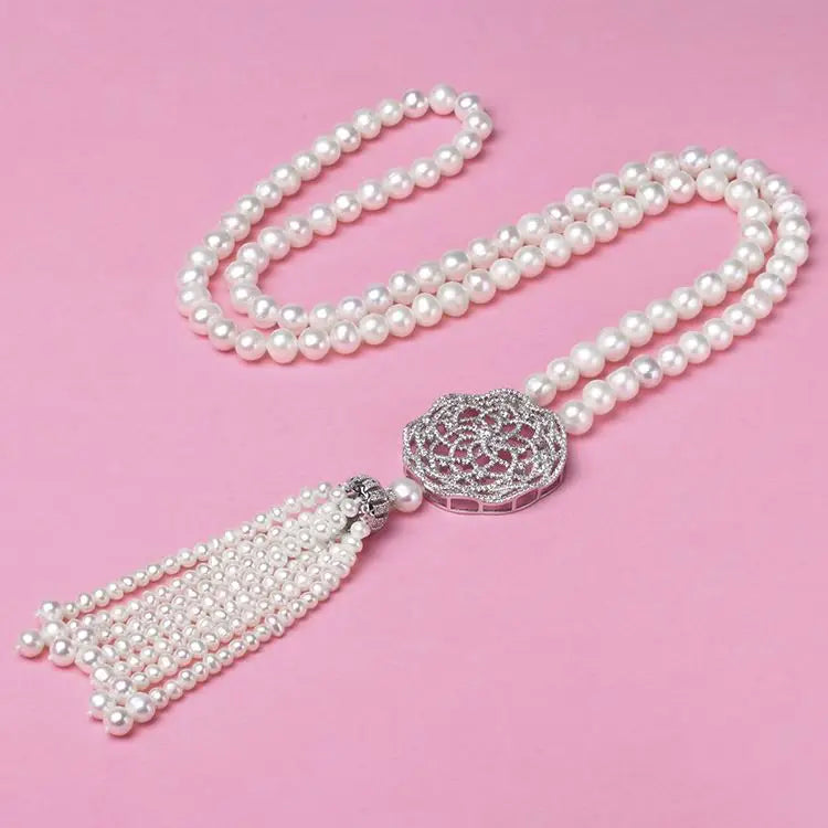 Certified Double C Oversize Pearl Bead Cluster Flower Round Buckle Sweater Chainnecklace