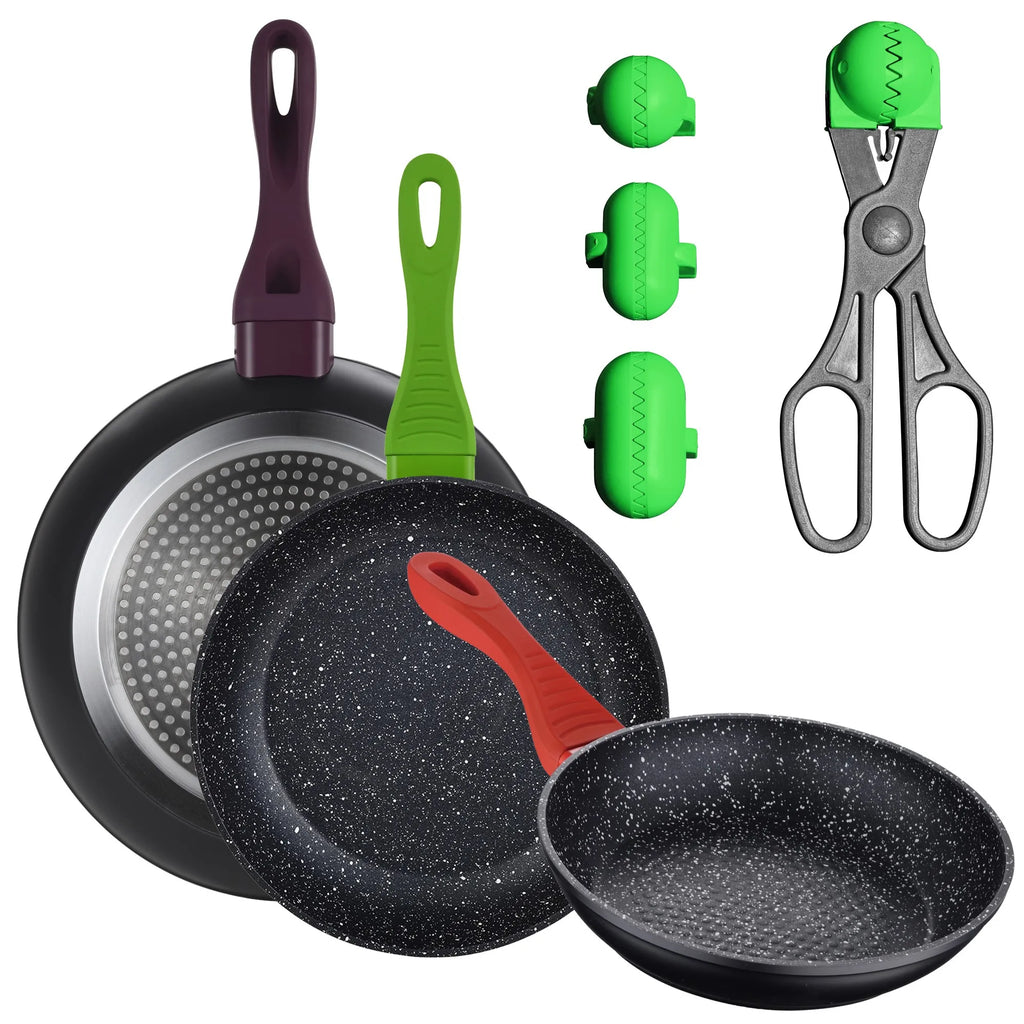3-PACK OF FORGED ALUMINUM FRYING PANS (20/24/28CM) + MULTI-PURPOSE UTENSIL WITH 4 INTERCHANGEABLE MOLDS