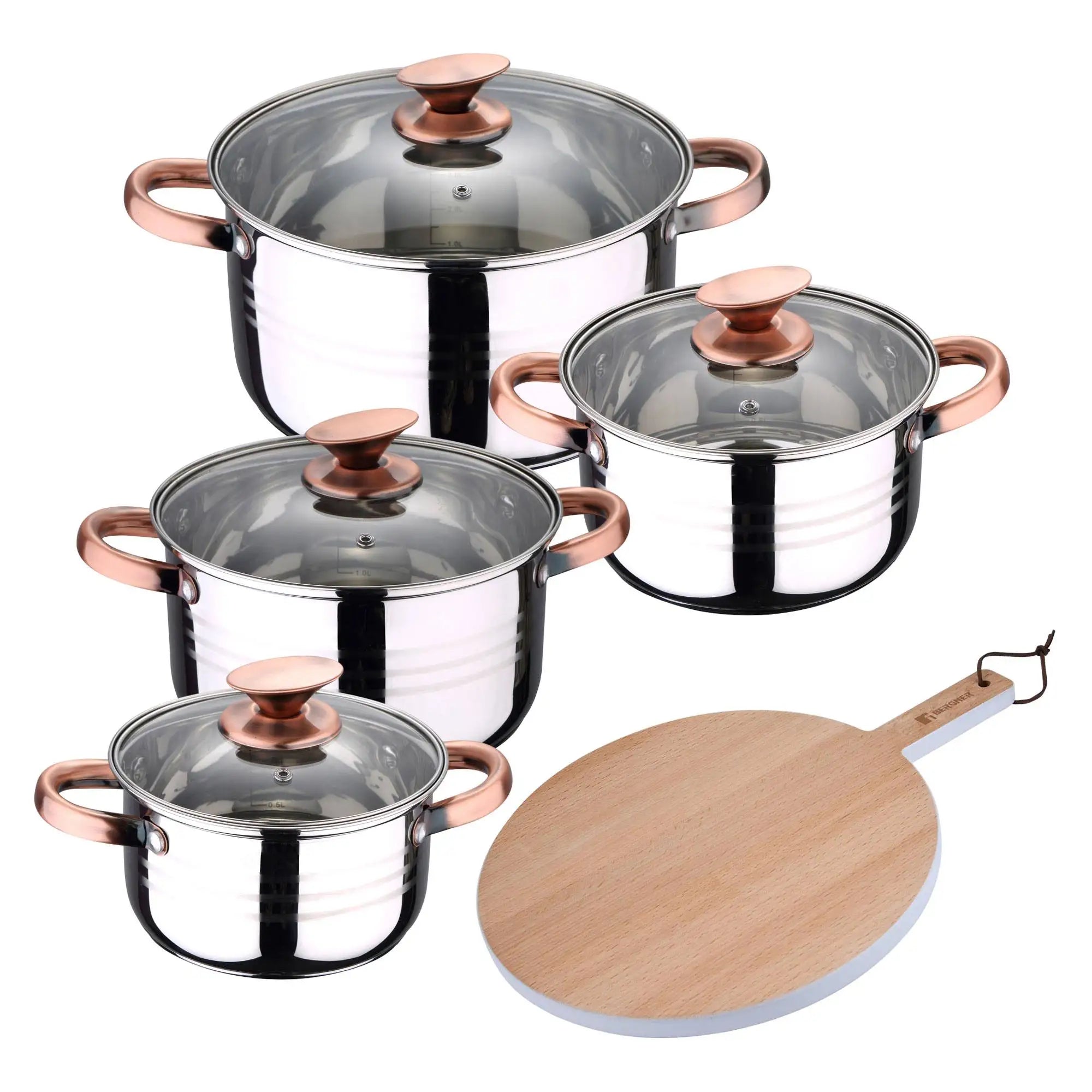 8pc stainless steel cookware set suitable for induction San Ignacio Premium Collection + Round 38x28x1.5cm beechwood cutting