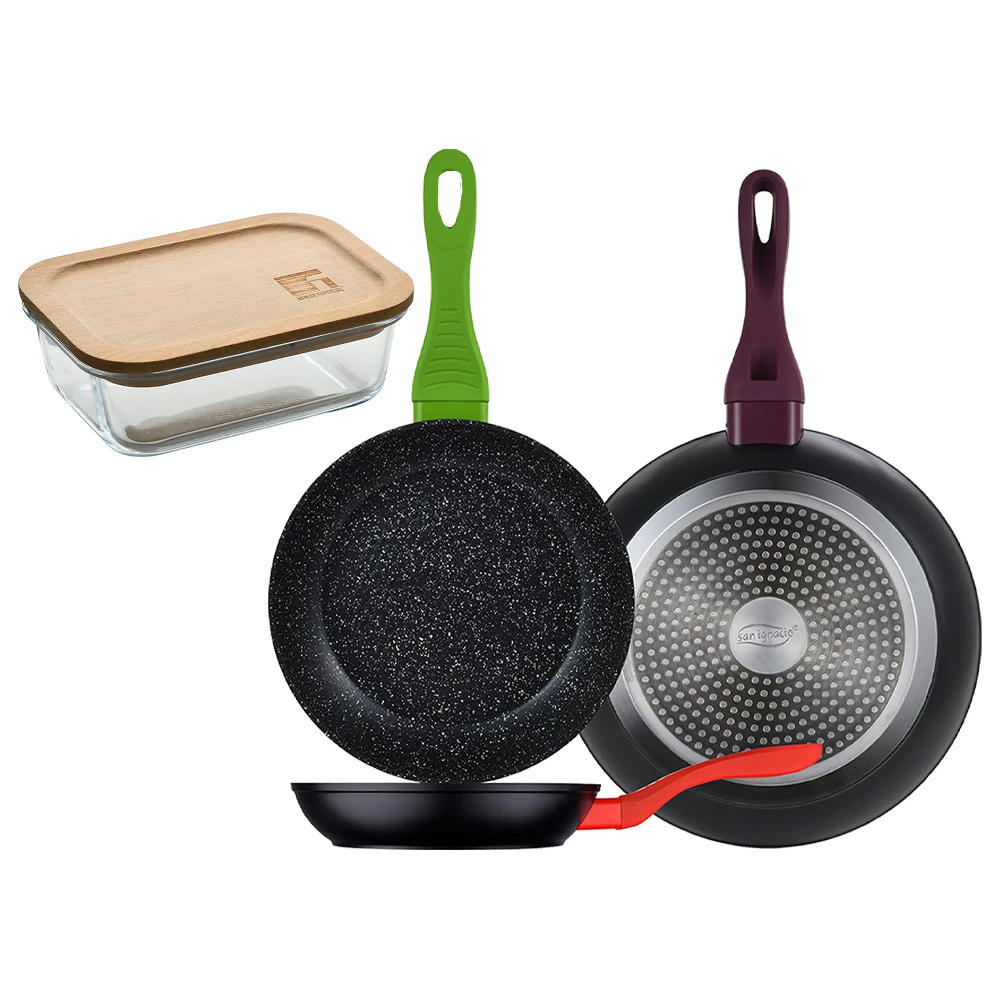 Set of 3 San Ignacio 20/24/28 forged aluminum frying pans induction compatible + 650ml borosilicate glass airtight container