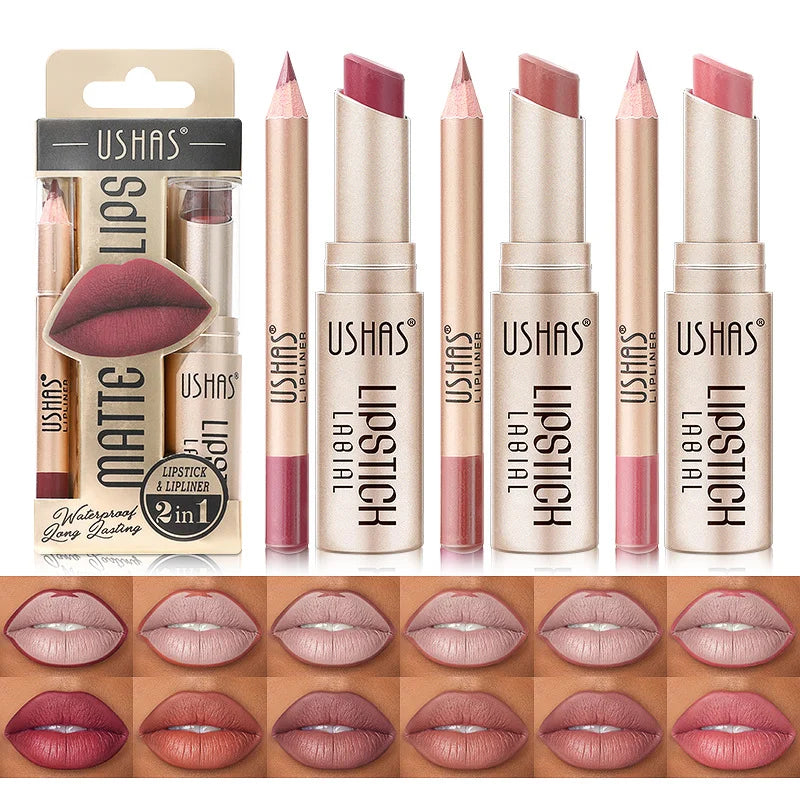 USHAS 12-Color Lipstick +Lip Liner Set Durable Waterproof Matte Lipstick with Non-Stick Cup Mineral Ingredient Lip Makeup Sets