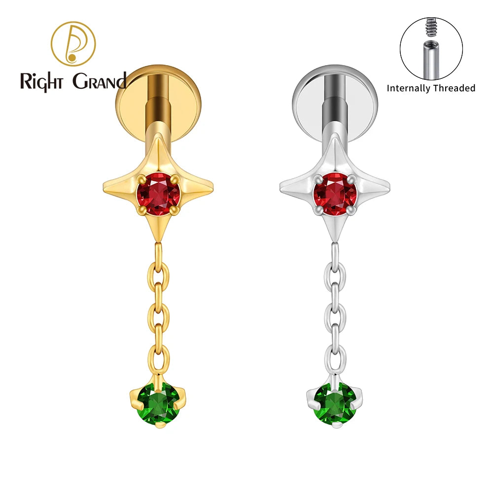 Tiny Four Point Star Chain Dangle Titanium Internal Thread 16G CZ Flat Back Stud Cartilage Earring Helix Tragus Piercing Jewelry