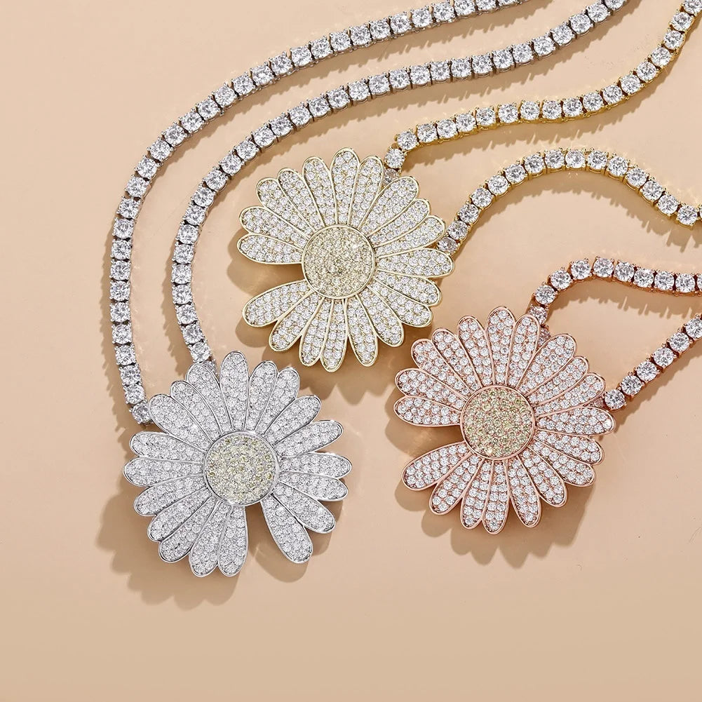 Little Daisy Pendant Iced Out Cubic Zirconia Hip Hop Fashion Jewelry Men Women Bling Sun Flower Charm Necklace With Tennis Chain