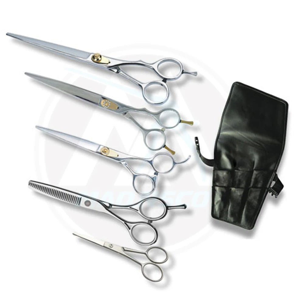 Professional 5-Piece Stainless Steel Barber Scissors Set Custom Logo Salon Right-Handed Straight Hair Cutting Thinning Beauty