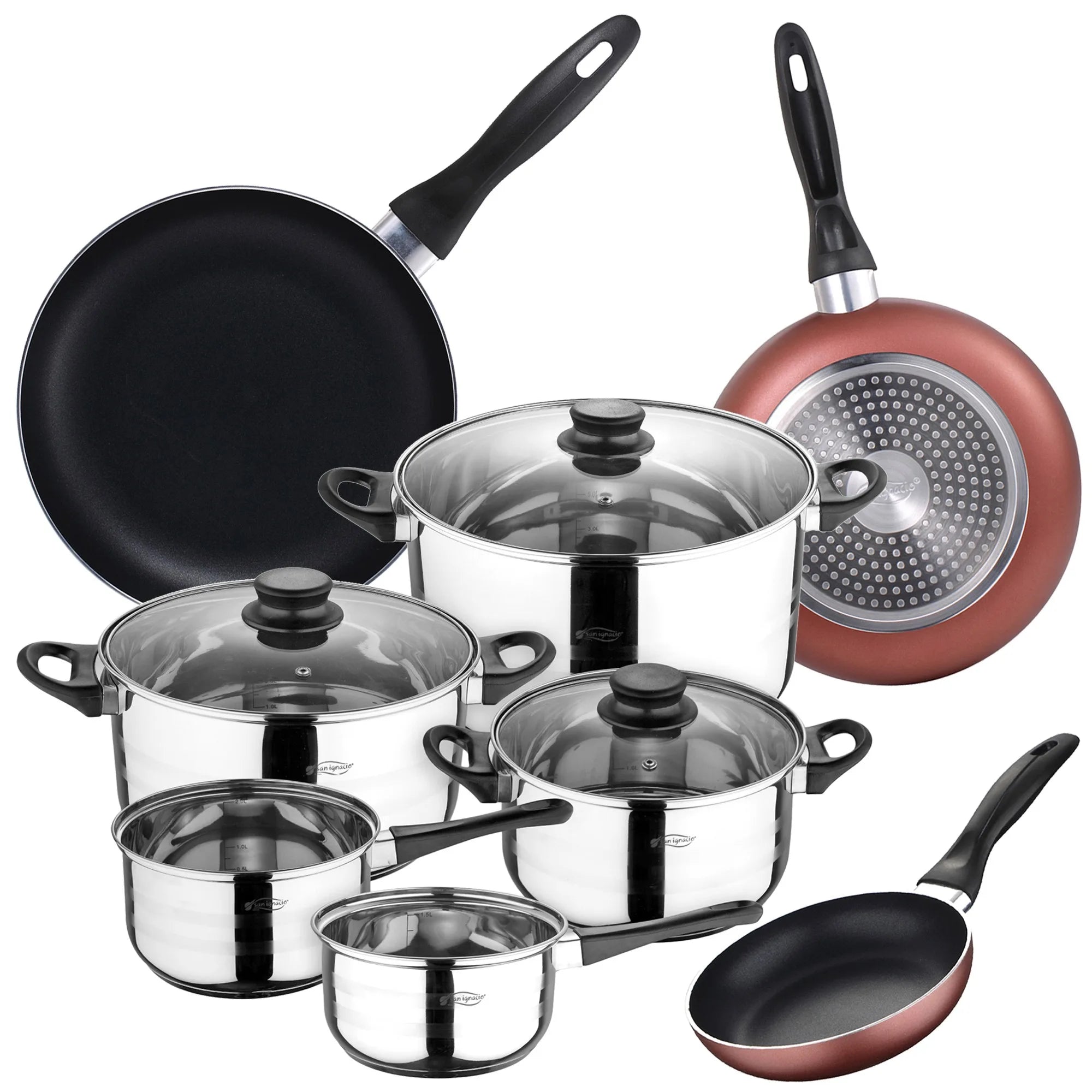 San Ignacio 8-piece stainless steel cookware set + 3 pressed aluminum frying pans 16/20/24 cm suitable for induction hobs