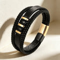 New 3 Layers Black Gold Punk Style Design Genuine Leather Bracelet for Men Stainless Steel Magnetic Clasp Jewelry Accessories