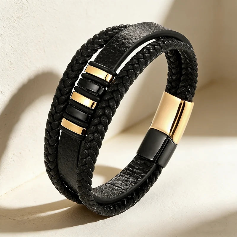 New 3 Layers Black Gold Punk Style Design Genuine Leather Bracelet for Men Stainless Steel Magnetic Clasp Jewelry Accessories