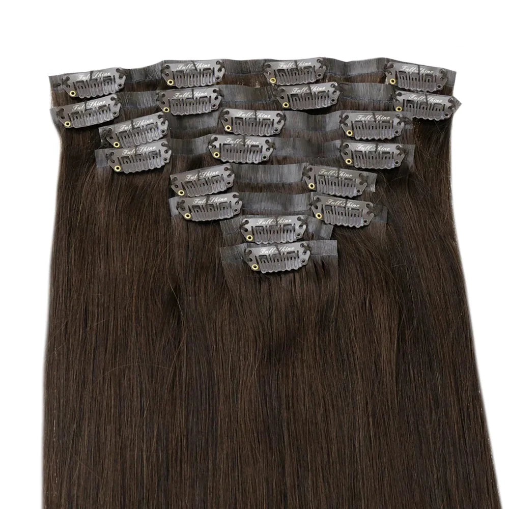Factory Price Thick End Cuticle Aligned Invisible Pu Clip Ins Darkest Brown Color Seamless Clip in Hair Extension