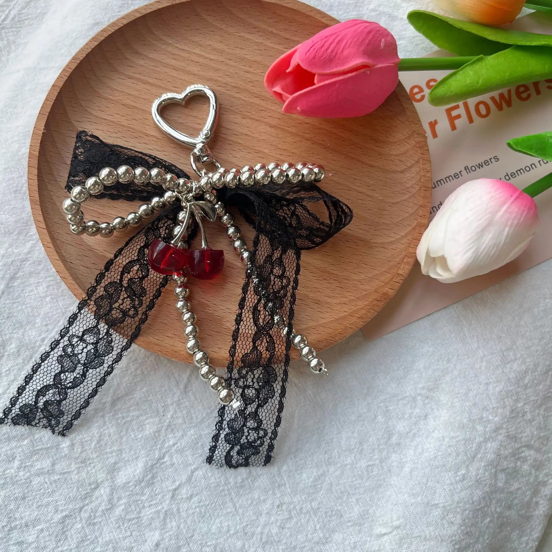 Cherry Charm Pearl Lace Bow Keychain Elegant Cherries Pearls Chain Ribbon Bowknot for Girl Wallet Bag Charms Accessories