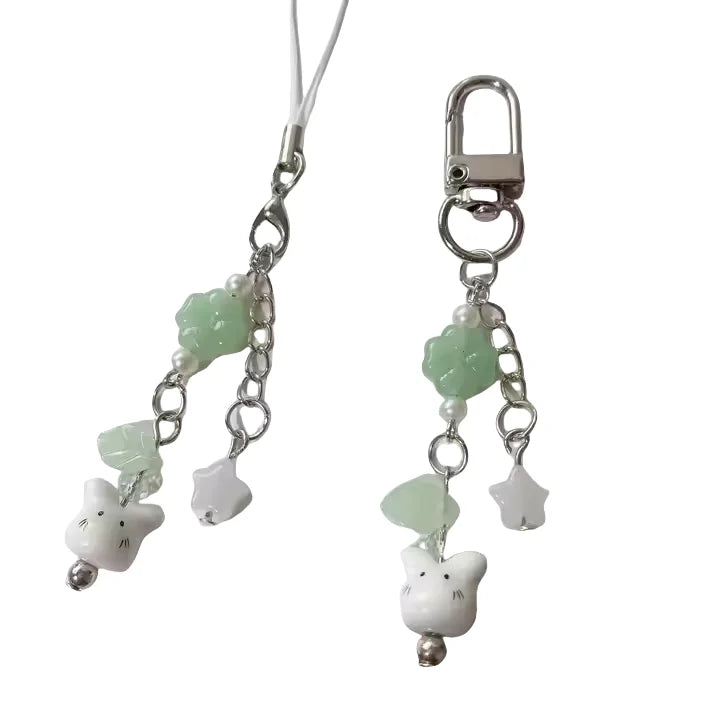 Luck Y2K Handmade Star 4 Four Leaf Clover Beaded Ceramics Rabbit Bunny Keychain Mobile Phone Pendant Strap Lanyard DIY Bag Charm