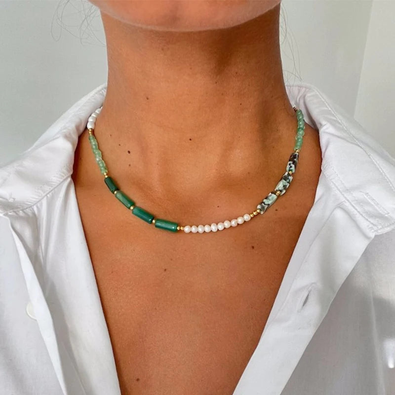Handmade Freshwater Pearl and Marbled Emerald Green Natural Gemstone Necklace Design Jewelry