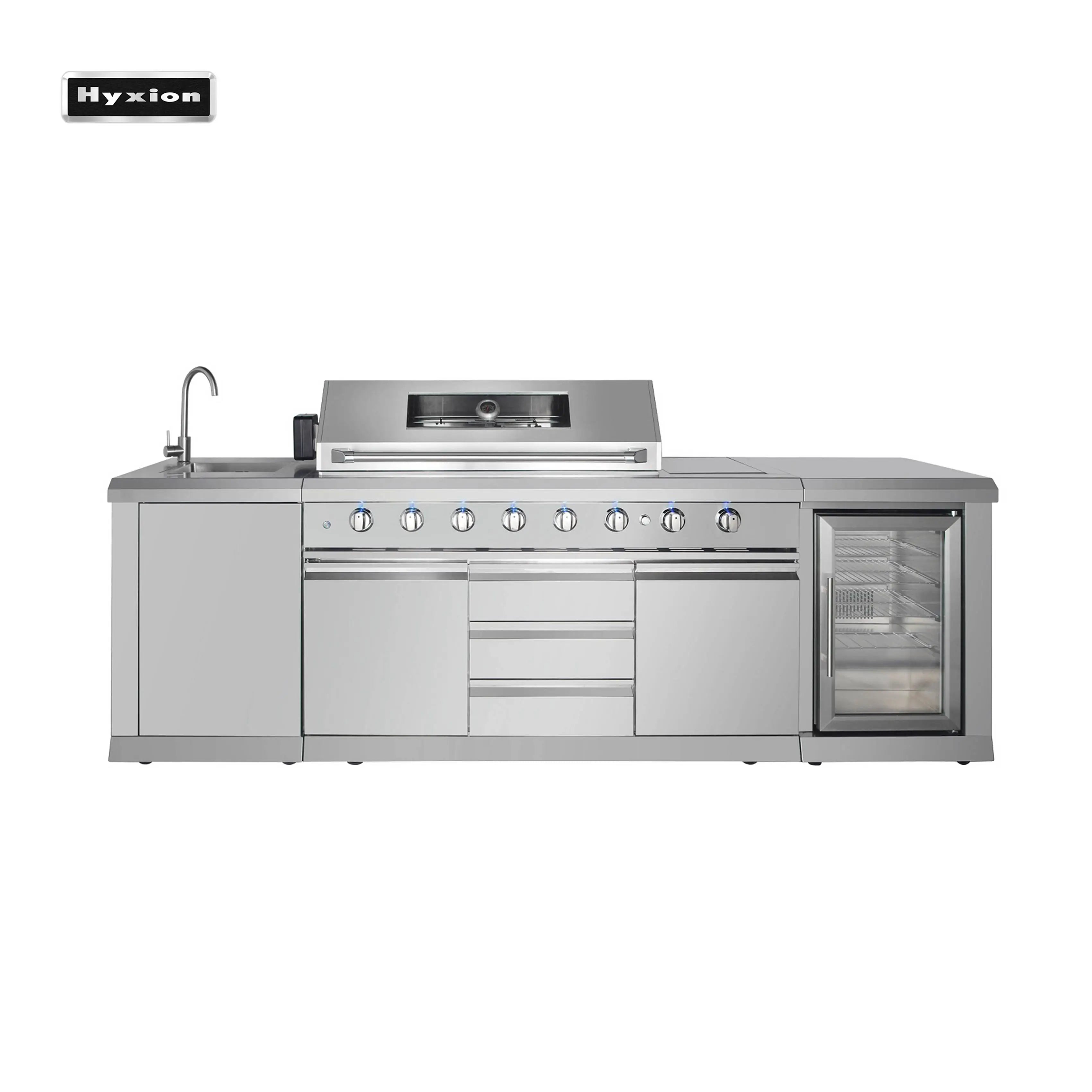Outdoor Kitchen BBQ Island Set Stainless Steel with 8 Burners Halogen Light & Wheels