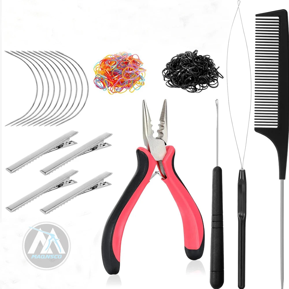Silicone Lined Micro Rings Hair Extension Tools Kit 600 Mini Rubber Bands 10 Curved Hair Needles 4 Metal Hair Clips 1 Comb 3