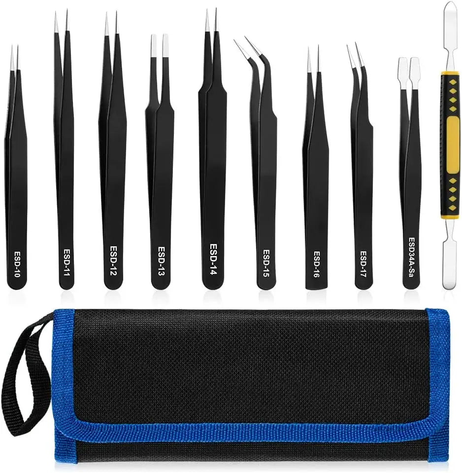 10 PCS Precision Stainless Steel ESD Anti-Static Tweezers Set Electronics Soldering Jewelry Making Laboratory Crafts Pliers Kit