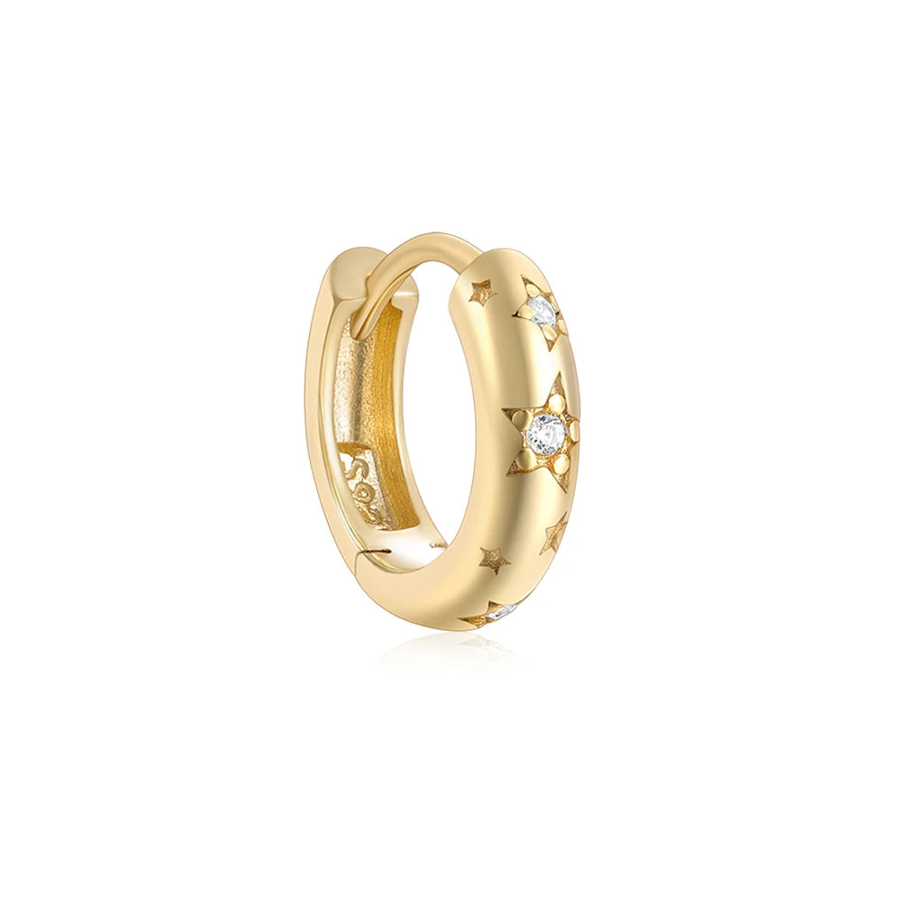 CANNER New Rhodium-Plated Gold-Plated S925 Sterling Silver Personality Wide Chunky 2.5mm Five-Pointed Star Zircon Hoop Earring