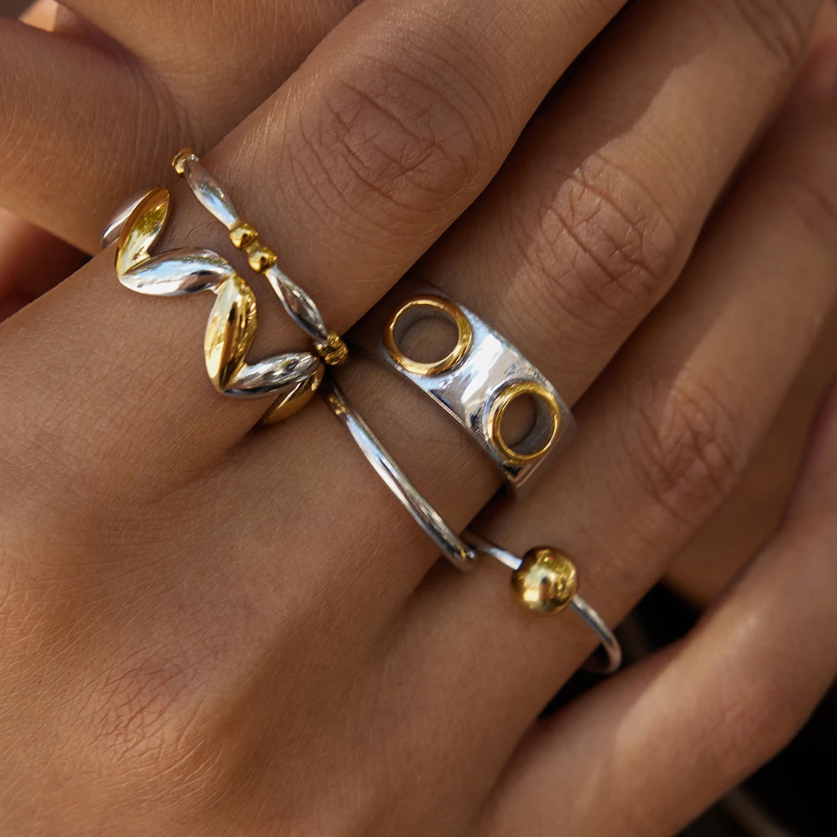 J&D Jewelry Ring 18K Gold Plated Stainless Steel Two Tone Wave Shape Opening Ring  Chunky Ring for Woman