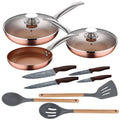 5pc set of pressed aluminum frying pans (with lids) induction compatible with 3pc set of silicone and wooden kitchen utensils