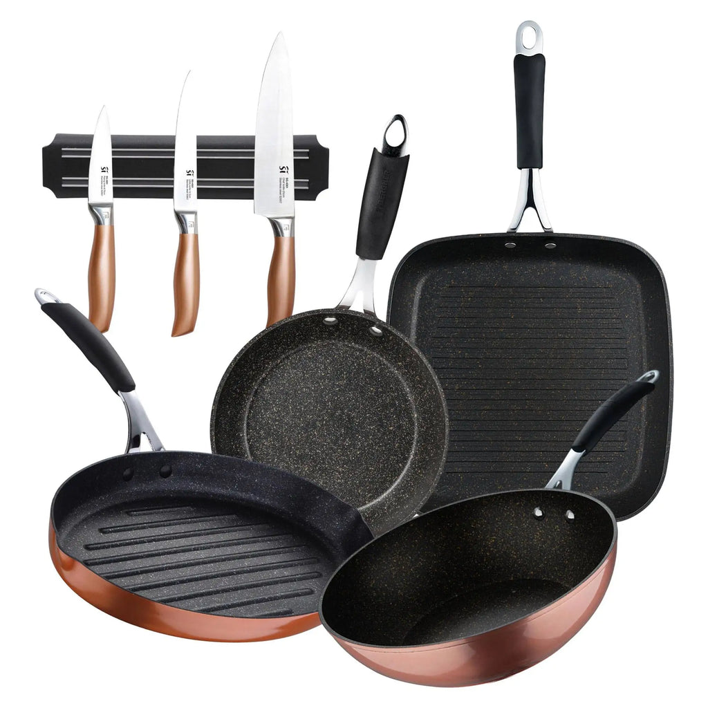 Set of 3 Kitchen Knives + Grill Pan 28x28cm + Wok 28cm + Frying Pan 20x4.5cm + Fish Pan 32x21.8cm in Forged Aluminum by