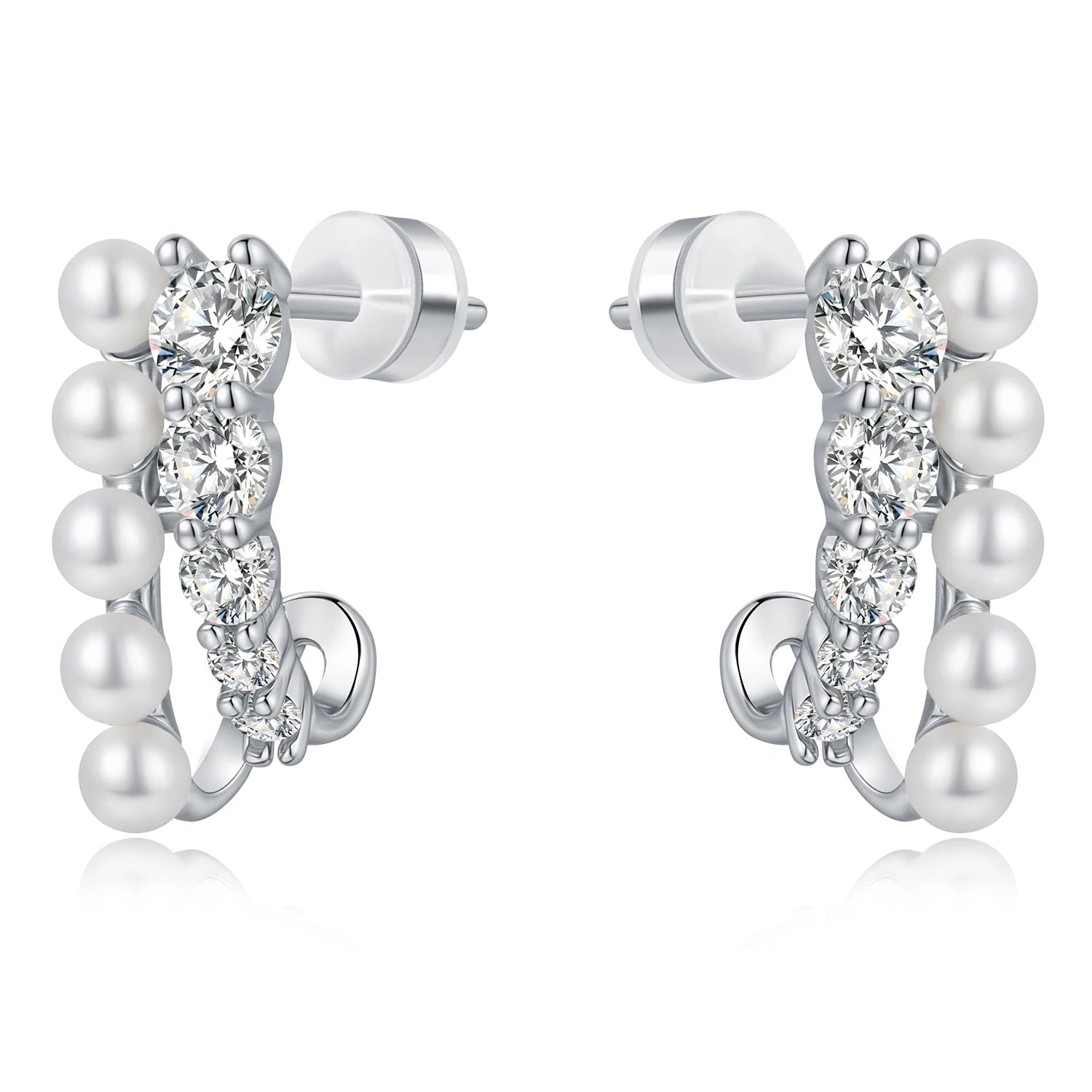 New Silver Color Double-Layer Crystal Pearl Bright White Zirconia Stud Earrings Women's Jewelry Factory Wholesale