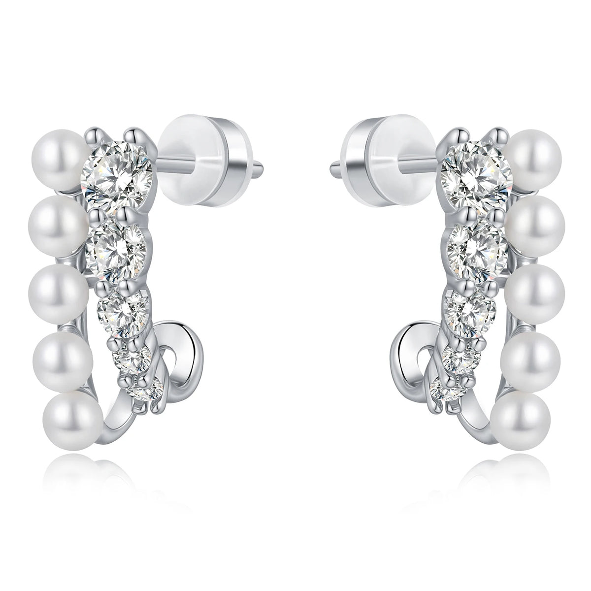 New Silver Color Double-Layer Crystal Pearl Bright White Zirconia Stud Earrings Women's Jewelry Factory Wholesale MegaBDM