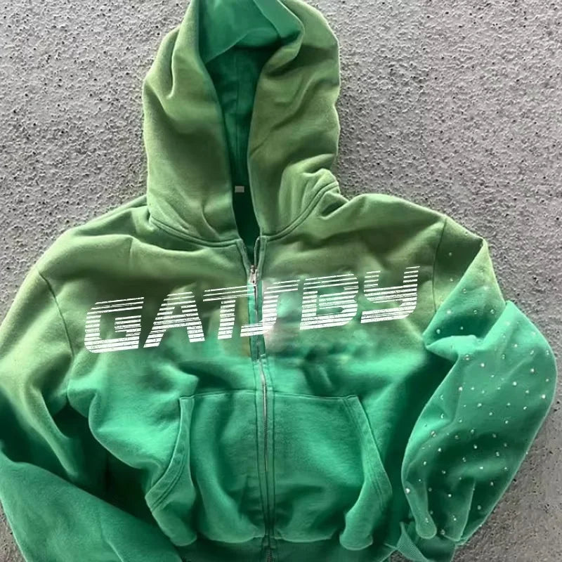 Vintage Distressed Sun Faded Printed Embroidered Pocket Regular Fit Zip Rhinestone Green Acid Wash Hoodie Heavyweight 100%