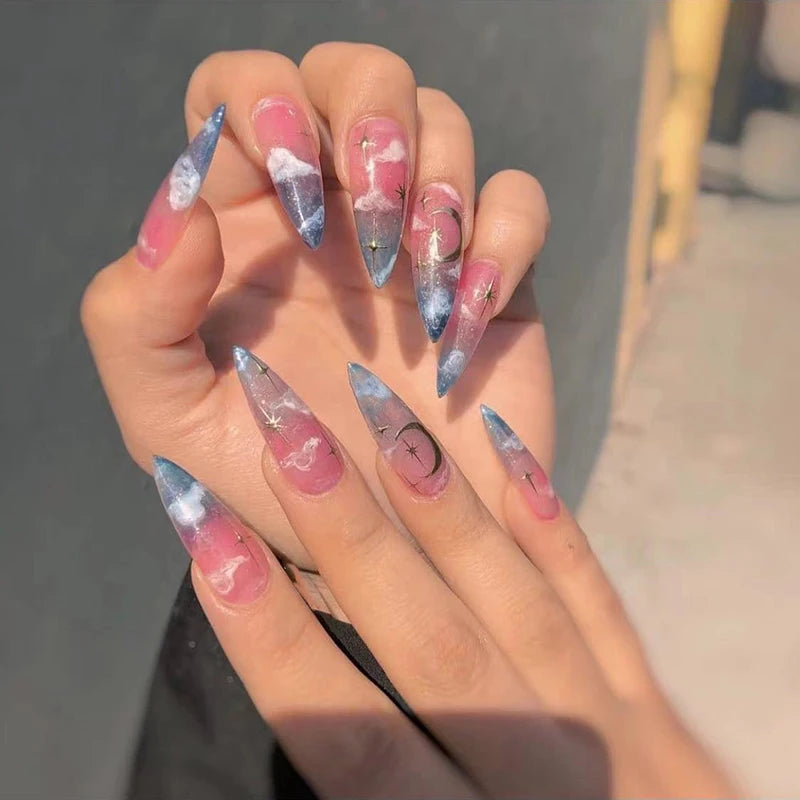 Wholesale Temooi 24Pcs ABS Press-On False Nails Long Ballerina with Marbling Moon and Stars Design Nail Glue Included
